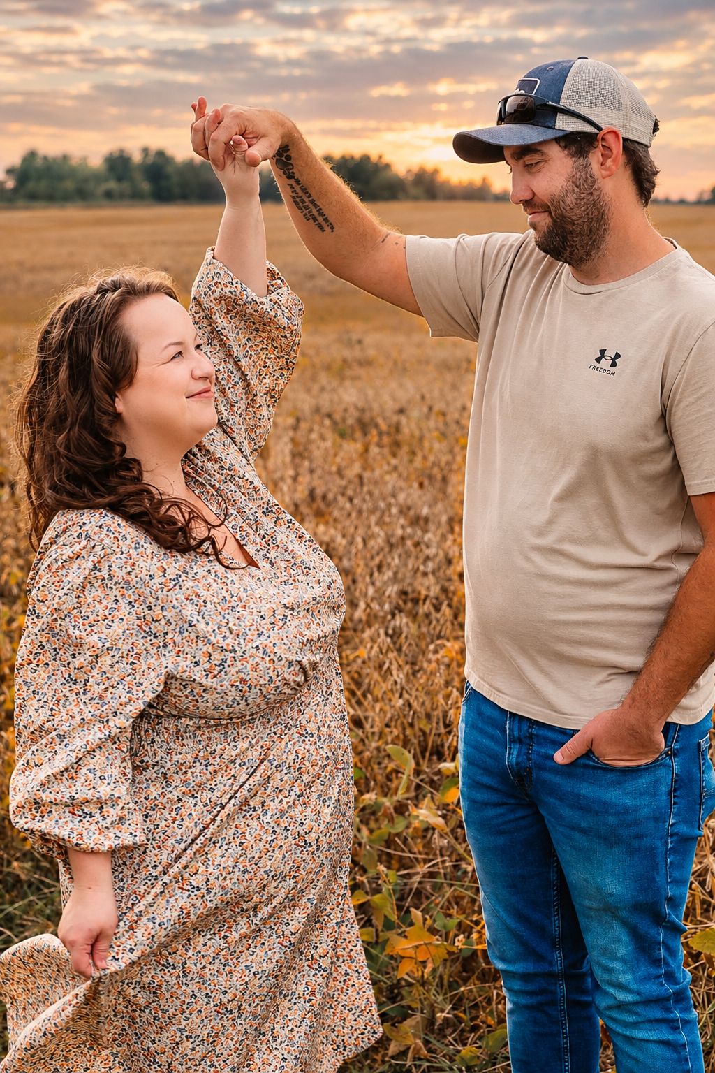 A couple dances in a golden field at sunset, man in cap twirling woman in floral dress.
