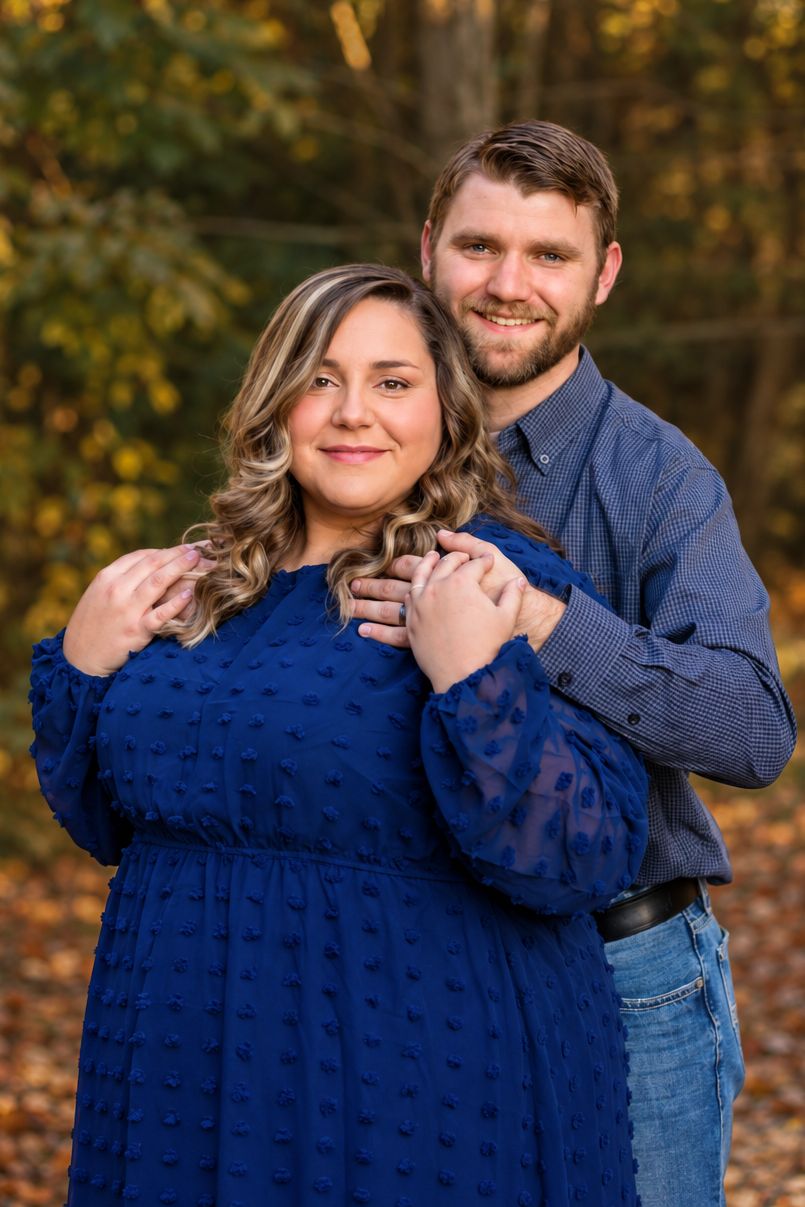 Couple posing outdoors in autumn, woman in blue dress, man in blue shirt, fall foliage background.