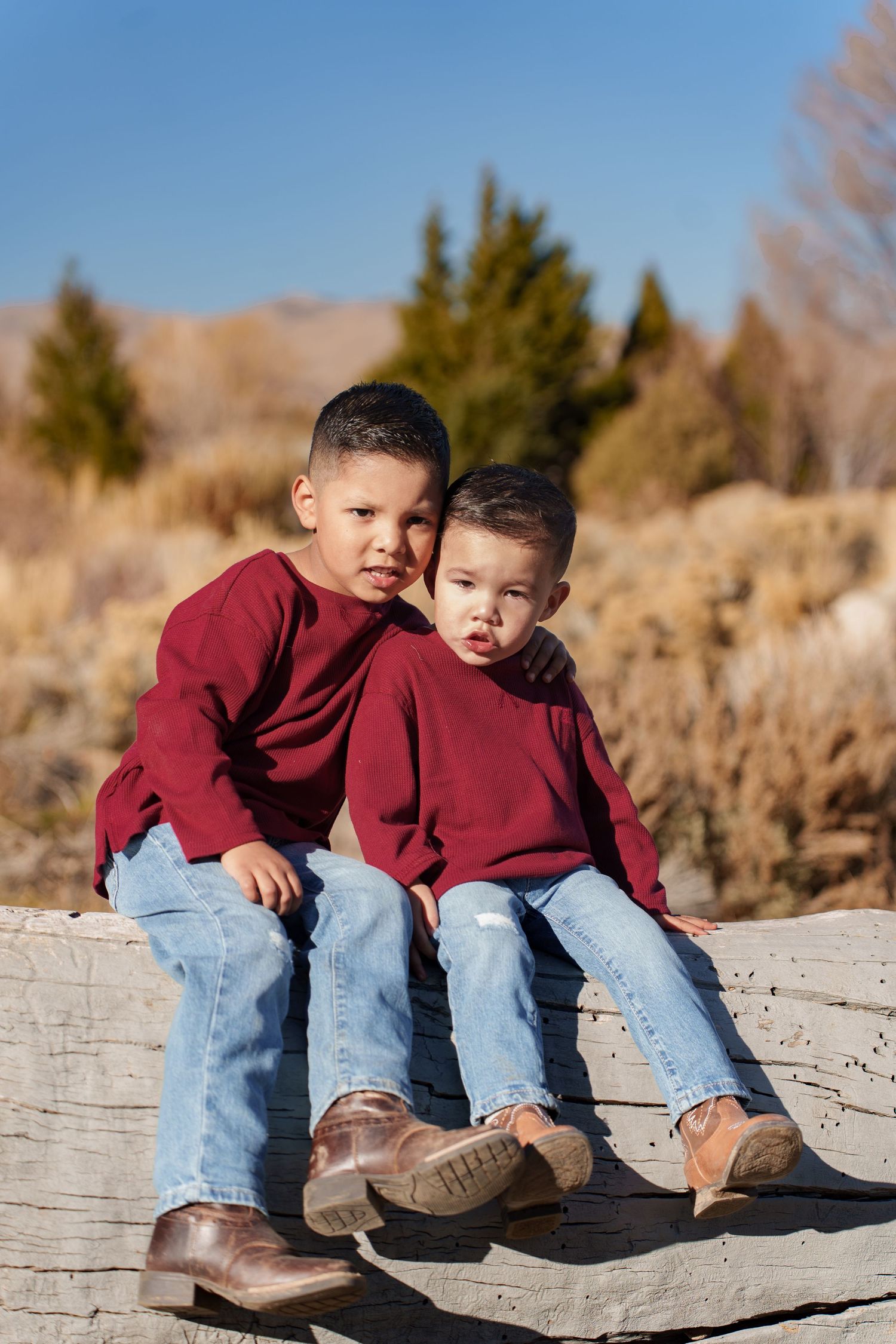 Two young brothers in matching red sweaters and jeans sit together on a wooden fence outdoors.