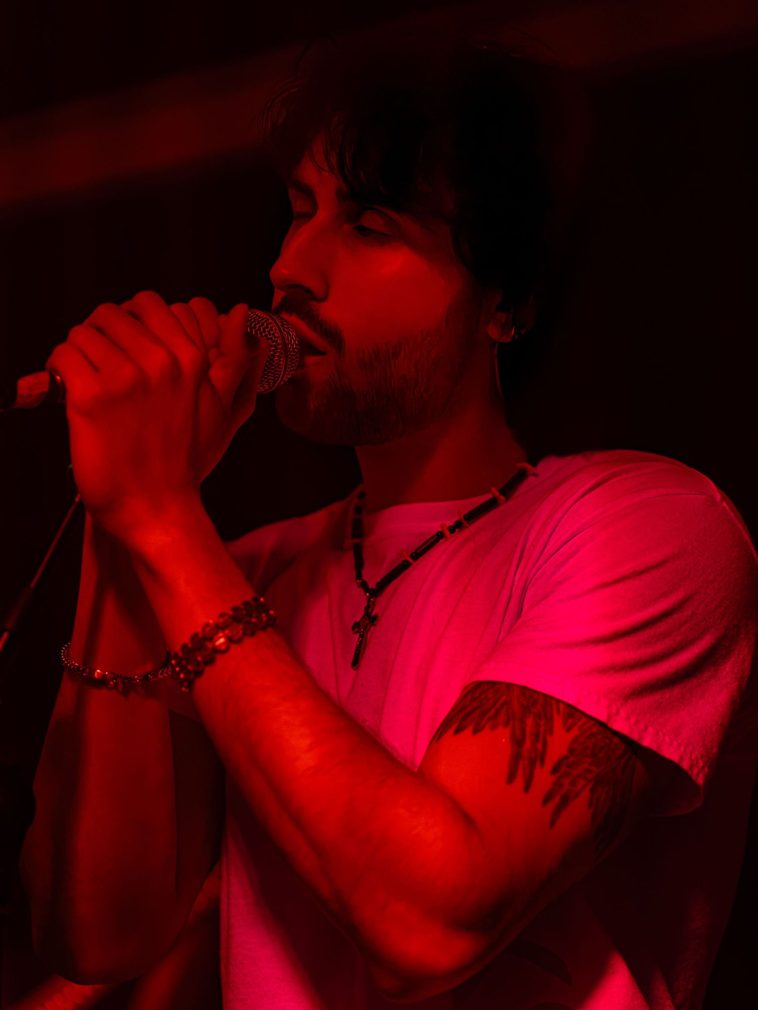 A male singer performs passionately into a microphone on stage under red concert lighting.