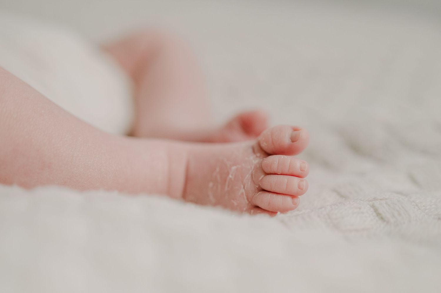 Close-up of tiny newborn baby feet and toes resting on a soft white textured blanket.