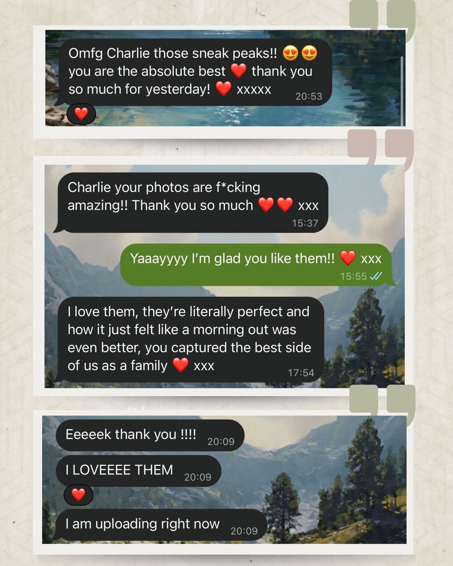Enthusiastic client WhatsApp testimonials praising Charlie's perfect family photography sneak peeks.