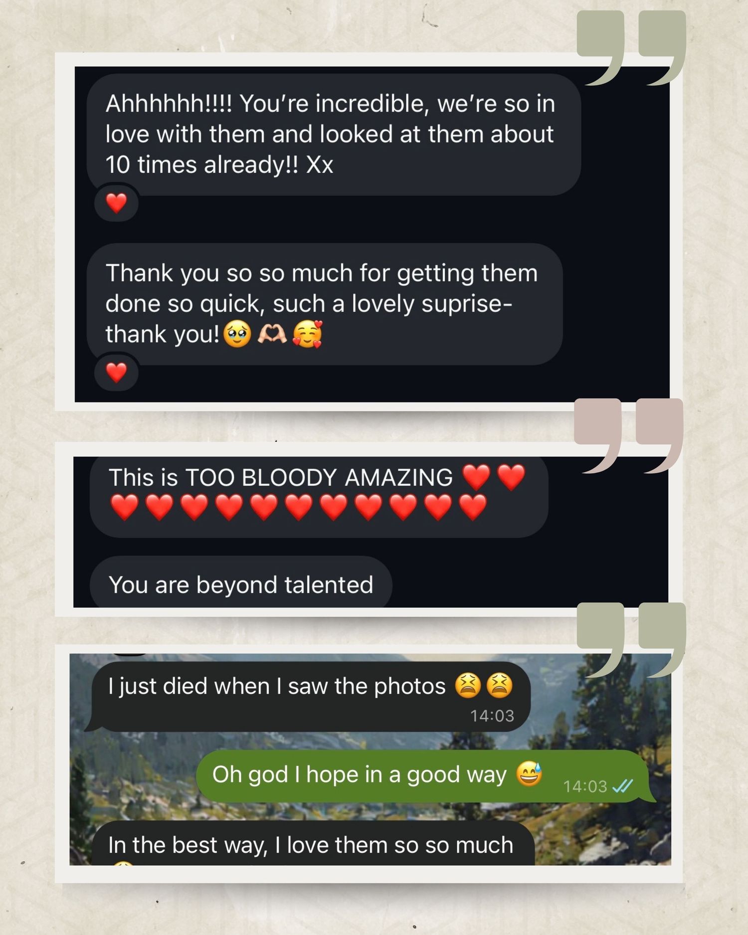 Five-star client testimonial messages praising photographer Charlie for incredible, talented photography work.