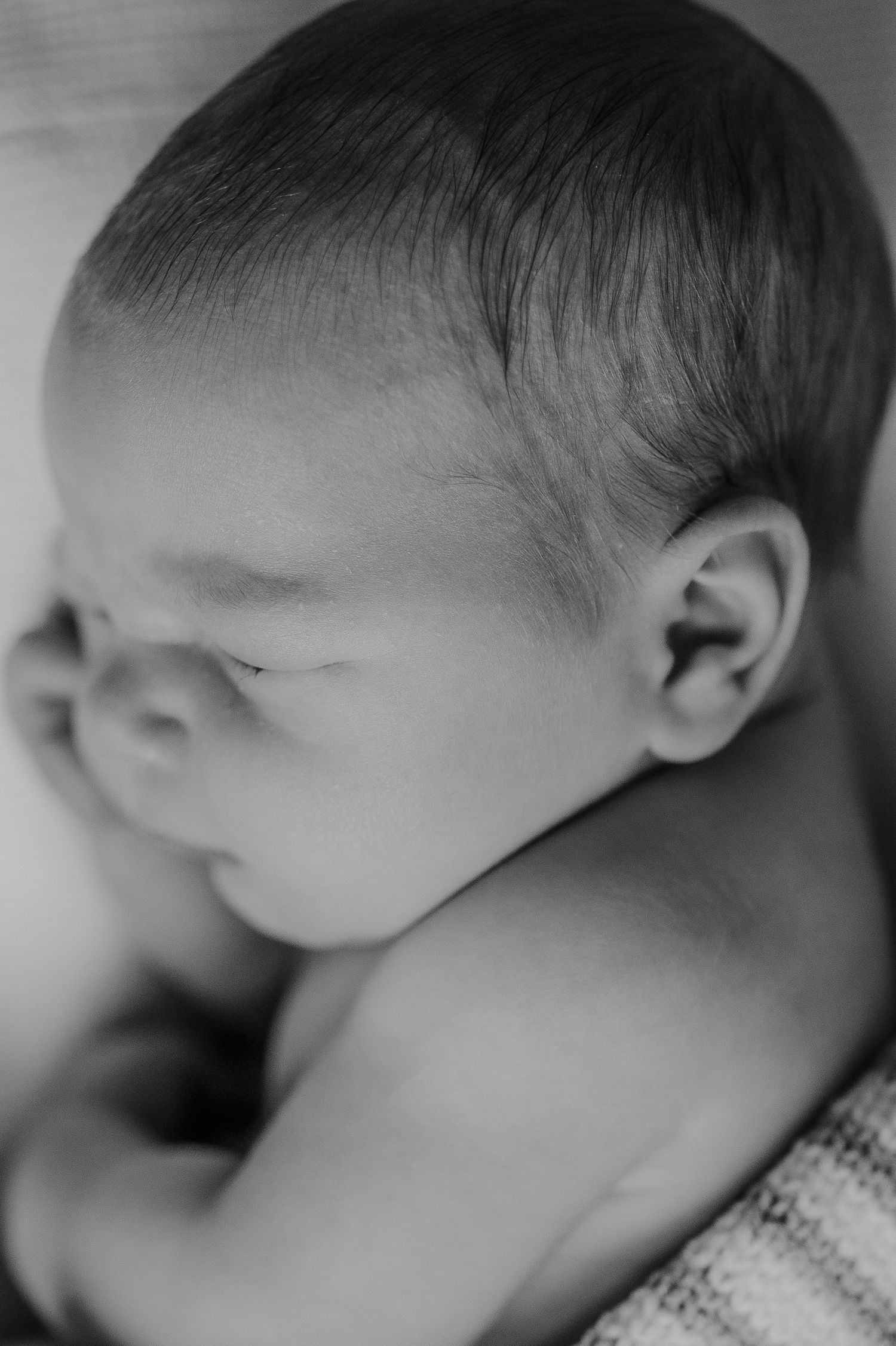 Close-up black and white portrait of a sleeping newborn baby with delicate features.