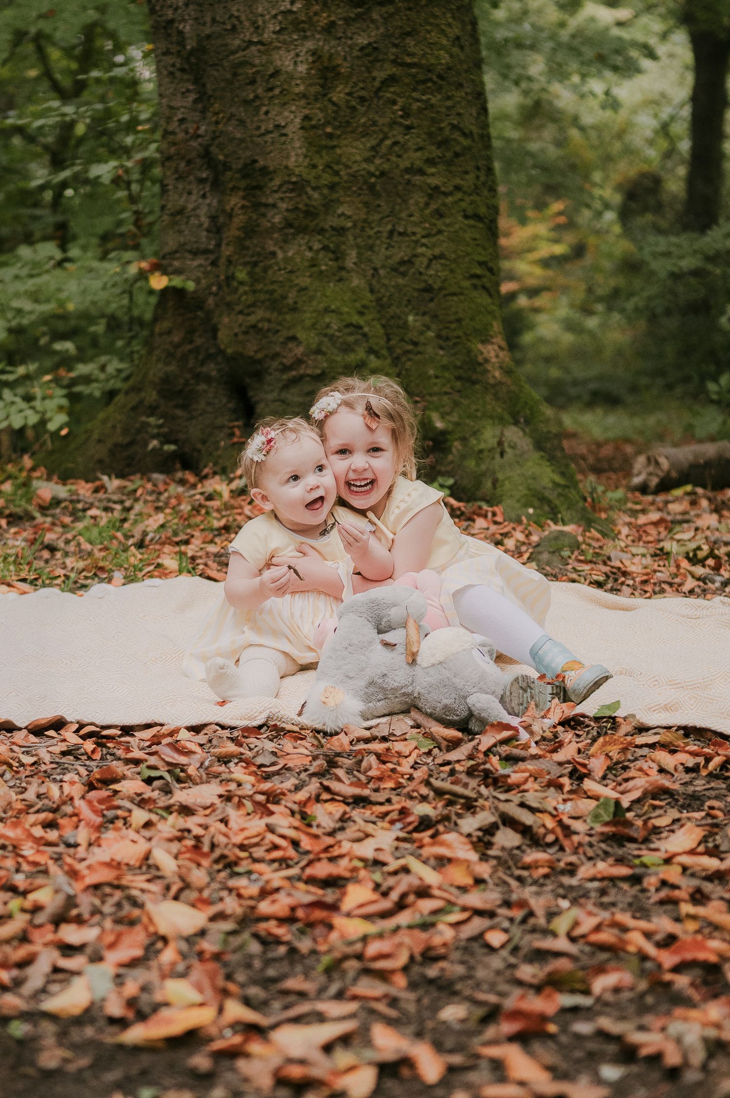 Two laughing toddler sisters sitting on a blanket surrounded by autumn leaves in a forest.