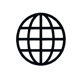 A minimalist black and white globe icon featuring a grid of latitude and longitude lines within a circle.