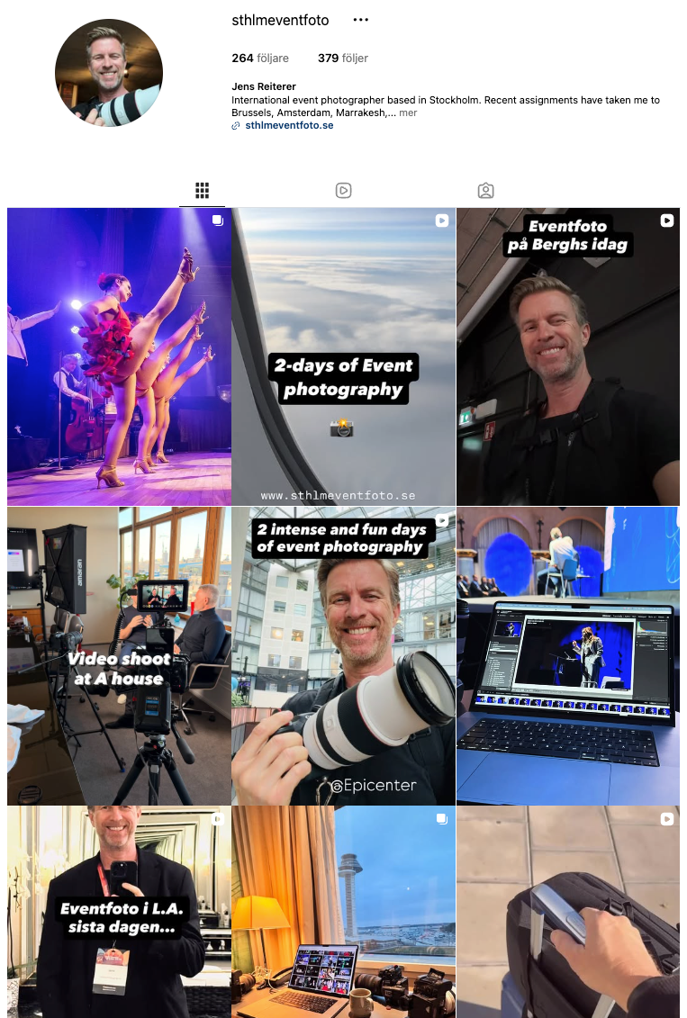 Stockholm event photographer Jens Reiterer Instagram profile showcasing professional event, video, and conference photography portfolio.