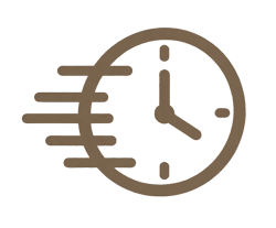 Fast clock icon with motion lines in brown, symbolizing quick time management and speed.