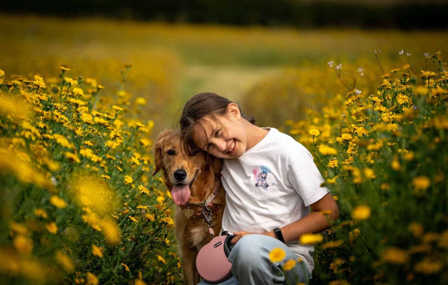 Family sitting together among vibrant yellow wildflowers in a sunny meadow.