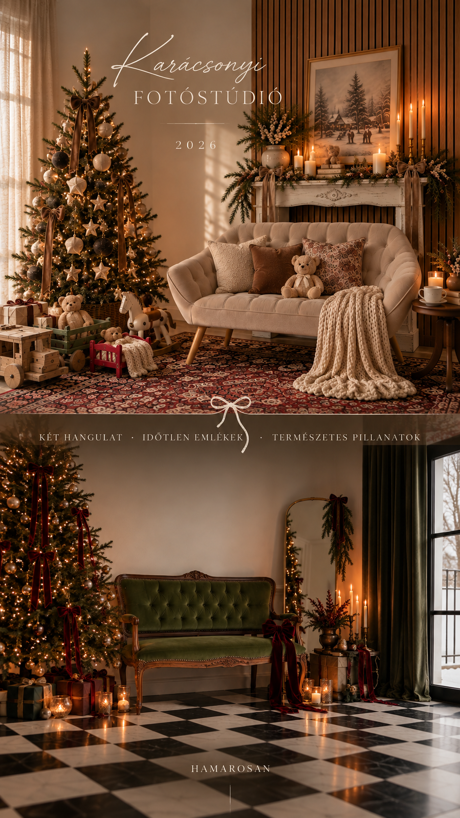Cozy Christmas photo studio with decorated tree, gifts, beige sofa, and elegant green velvet bench on checkered floor.