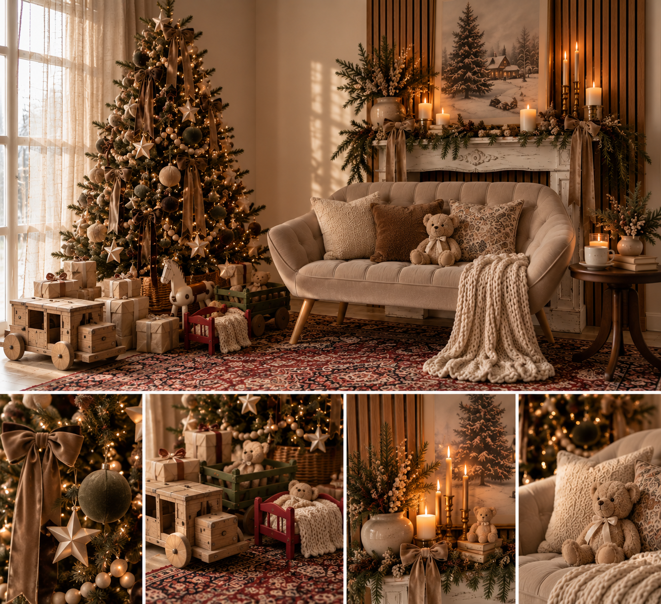 Cozy Christmas living room with decorated tree, wrapped gifts, teddy bear on sofa, candles, and warm holiday decor.