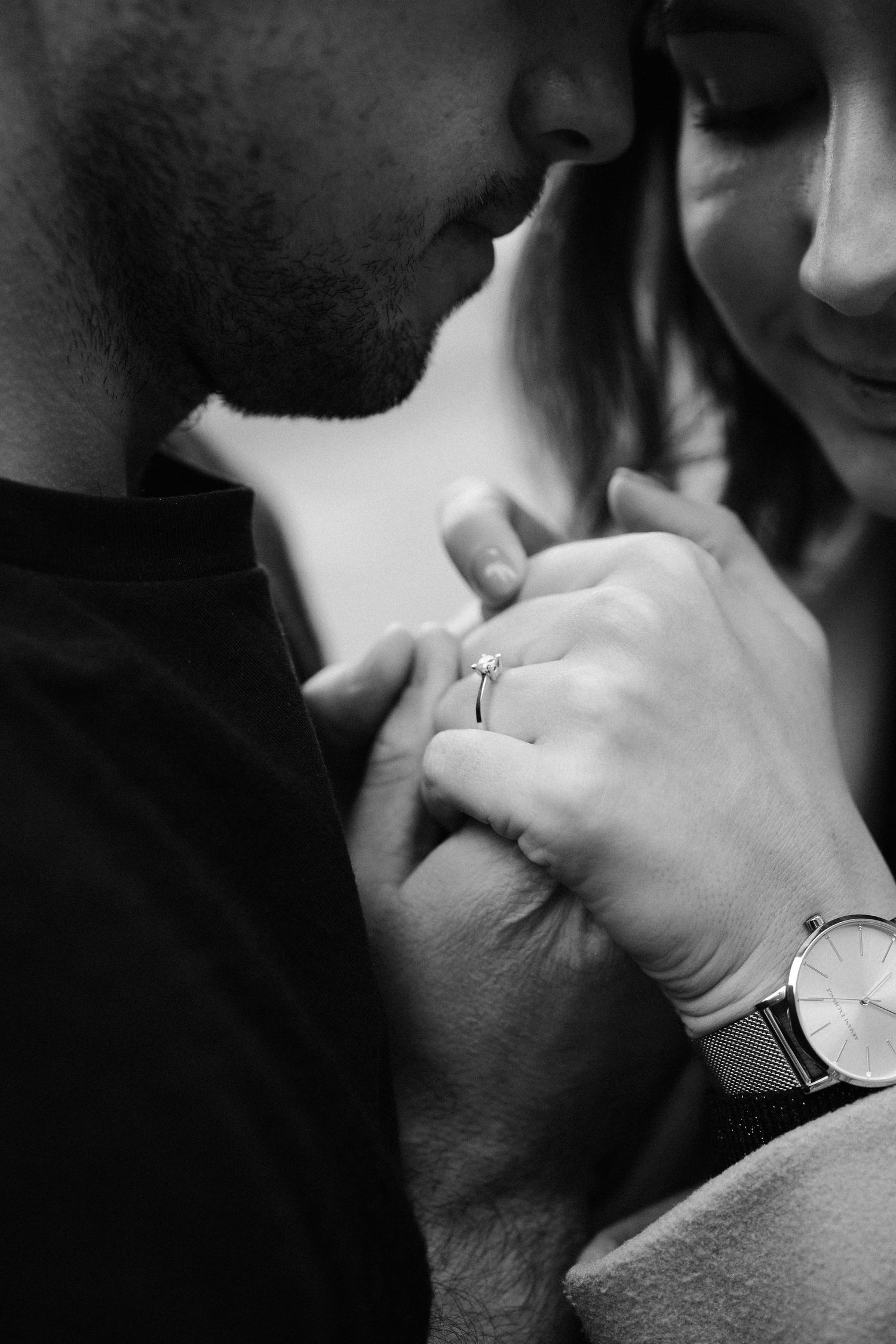 Close-up black and white photo series showing wedding rings and hands in intimate moments.