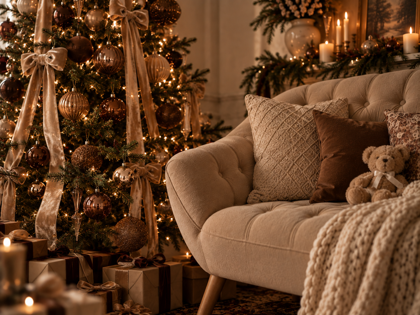 Cozy Christmas living room with decorated tree, warm lights, gifts, and a beige sofa with pillows and a teddy bear.