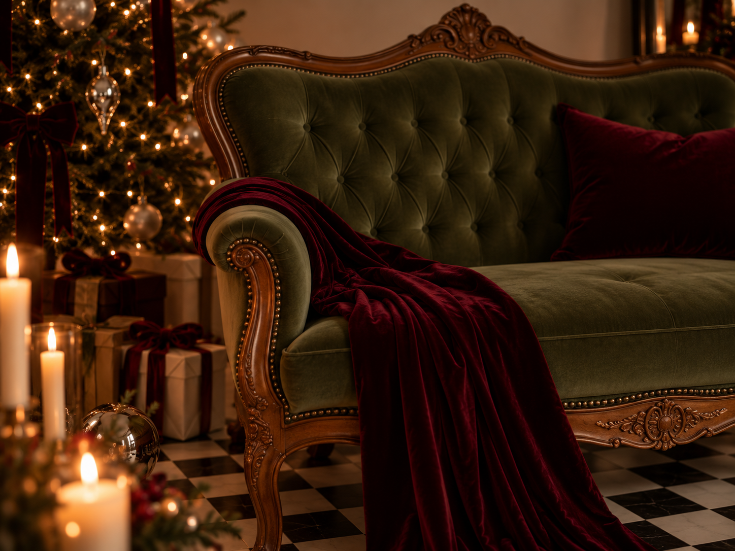 Elegant green velvet Victorian sofa with red throw blanket near a decorated Christmas tree and glowing candles.
