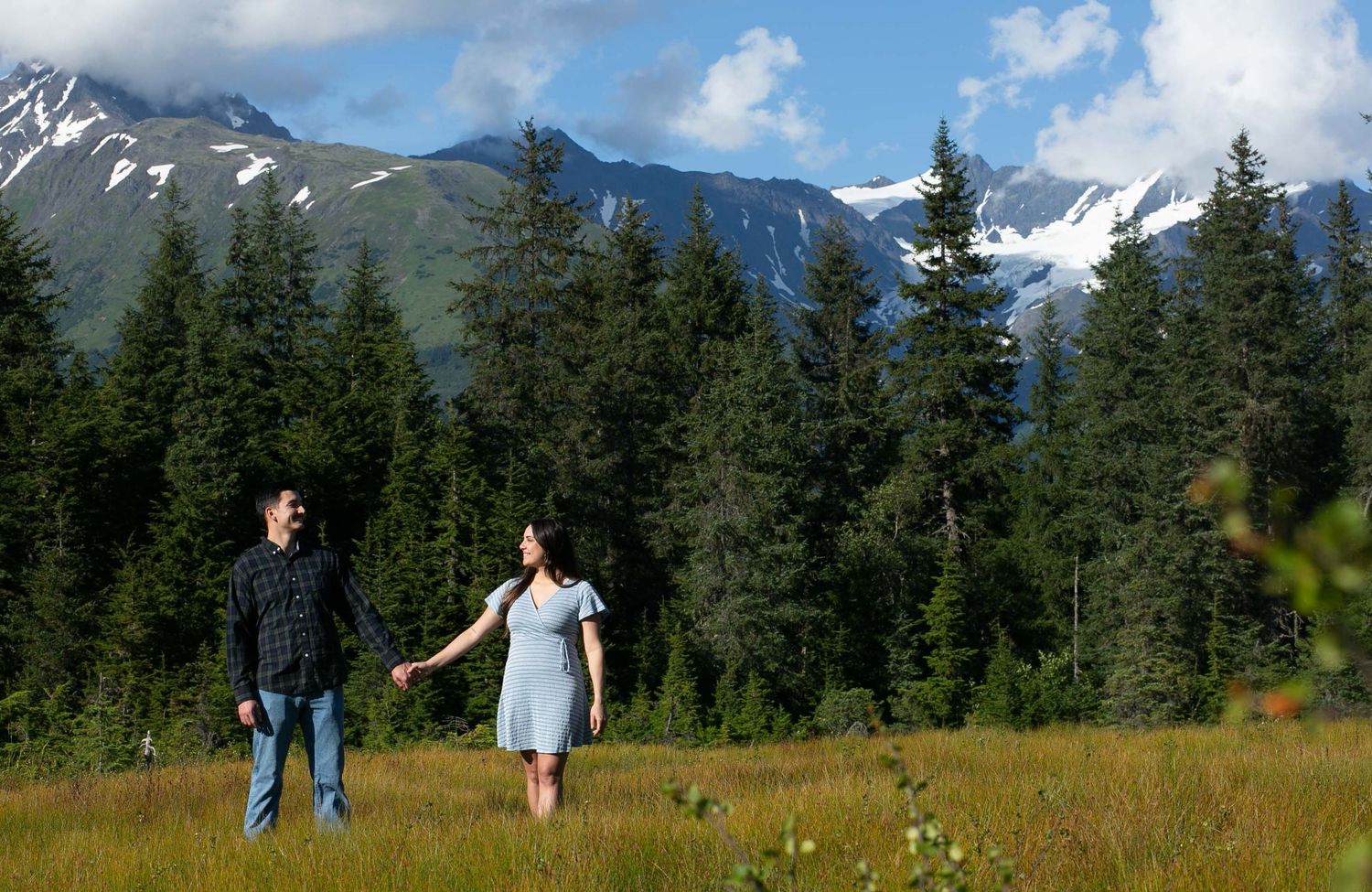 A panoramic mountain landscape with snow-capped peaks, evergreen forests and figures walking through a meadow field.
