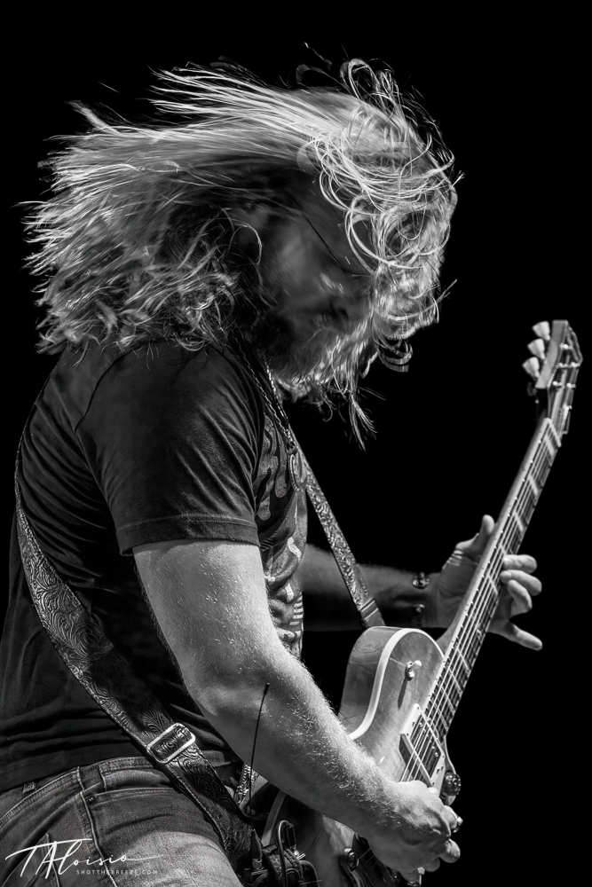 Dynamic black and white sequence of a guitarist headbanging while performing with flowing hair.