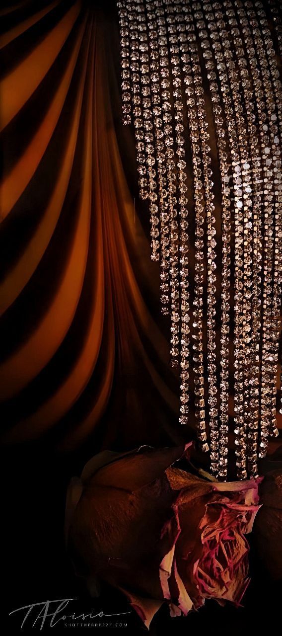 Crystal chandelier strands hanging above dried roses in moody lighting.