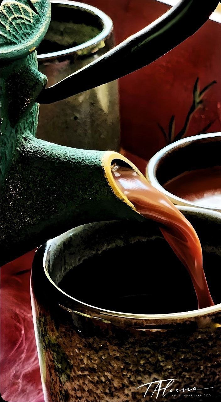 Close-up sequence showing coffee being poured into a dark roasted coffee bean surface.