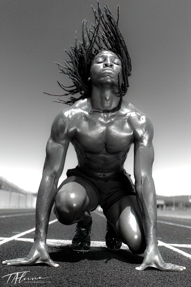 Black and white artistic sequence showing an athlete in dynamic stretching poses on a track surface.