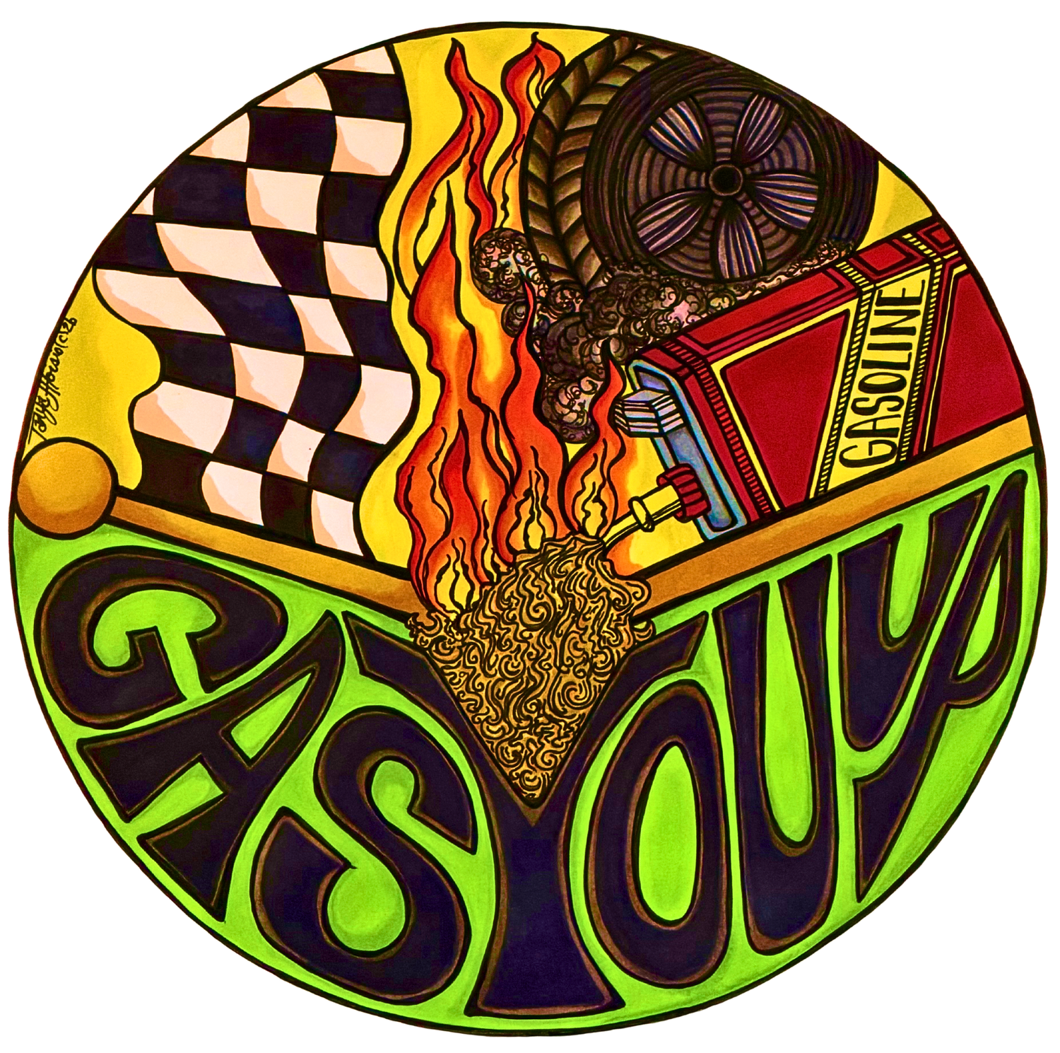 Colorful racing-themed oval logo with checkered flag and flame design.