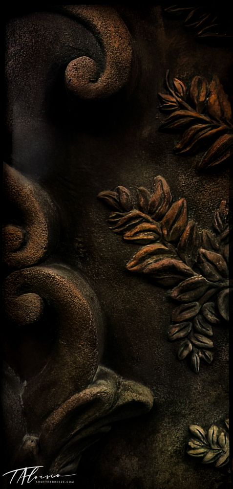 Dark moody still life with oranges and leaves arranged against a textured black background.