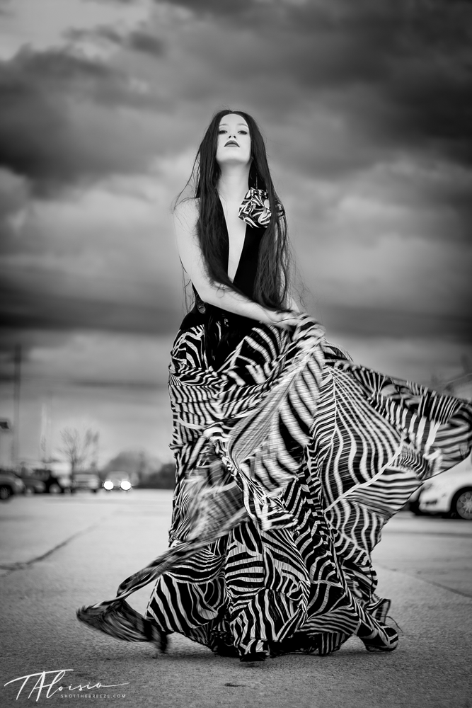 Artistic black and white fashion photo featuring a flowing geometric patterned dress.