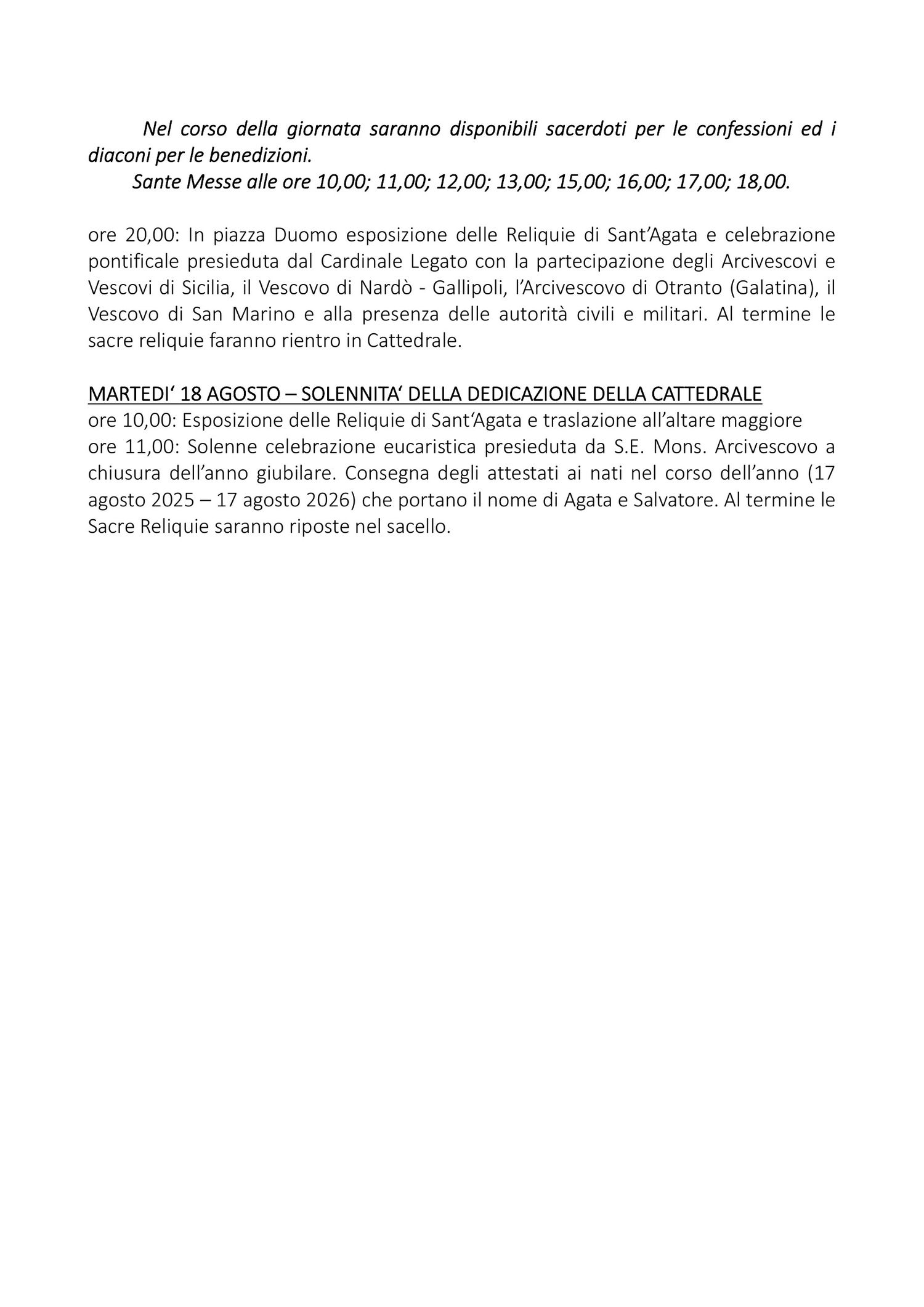 Programma festeggiamenti Sant'Agata Catania IX centenario rientro reliquie da Costantinopoli