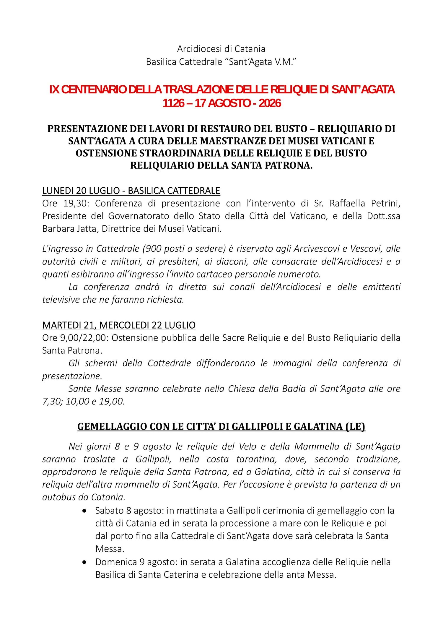 Programma festeggiamenti Sant'Agata Catania IX centenario rientro reliquie da Costantinopoli