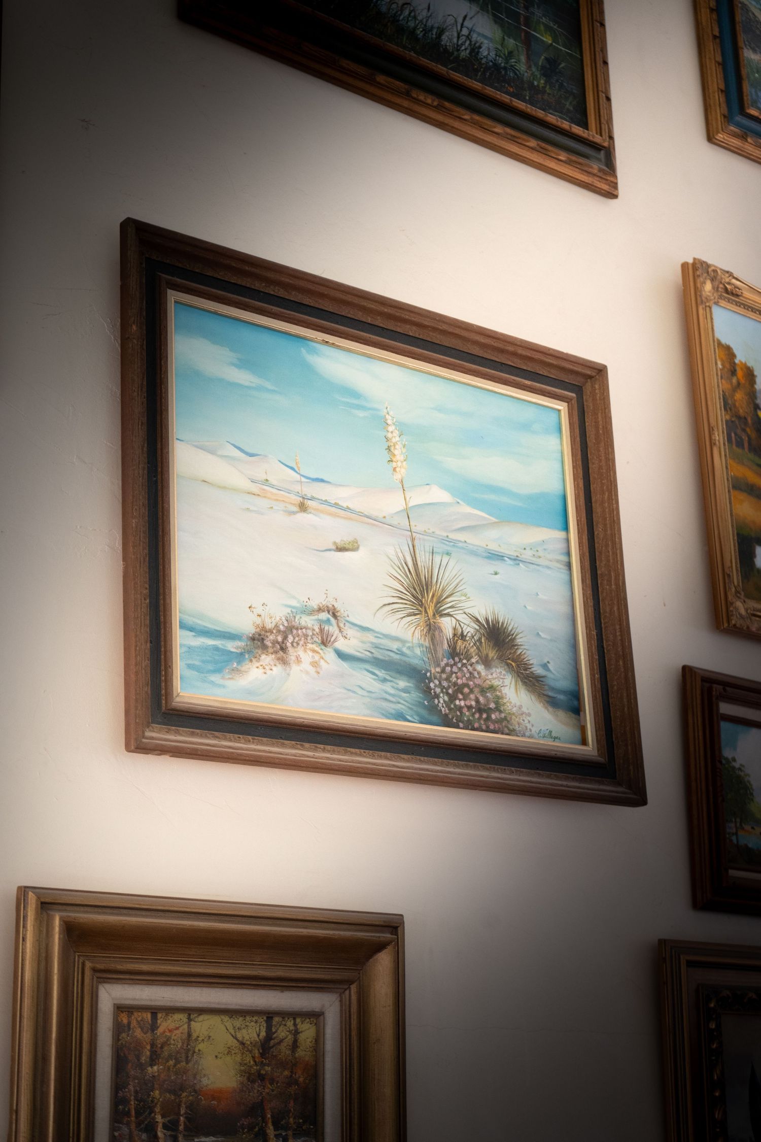 A gallery wall displays multiple framed landscape paintings with blue skies mounted on a white wall.