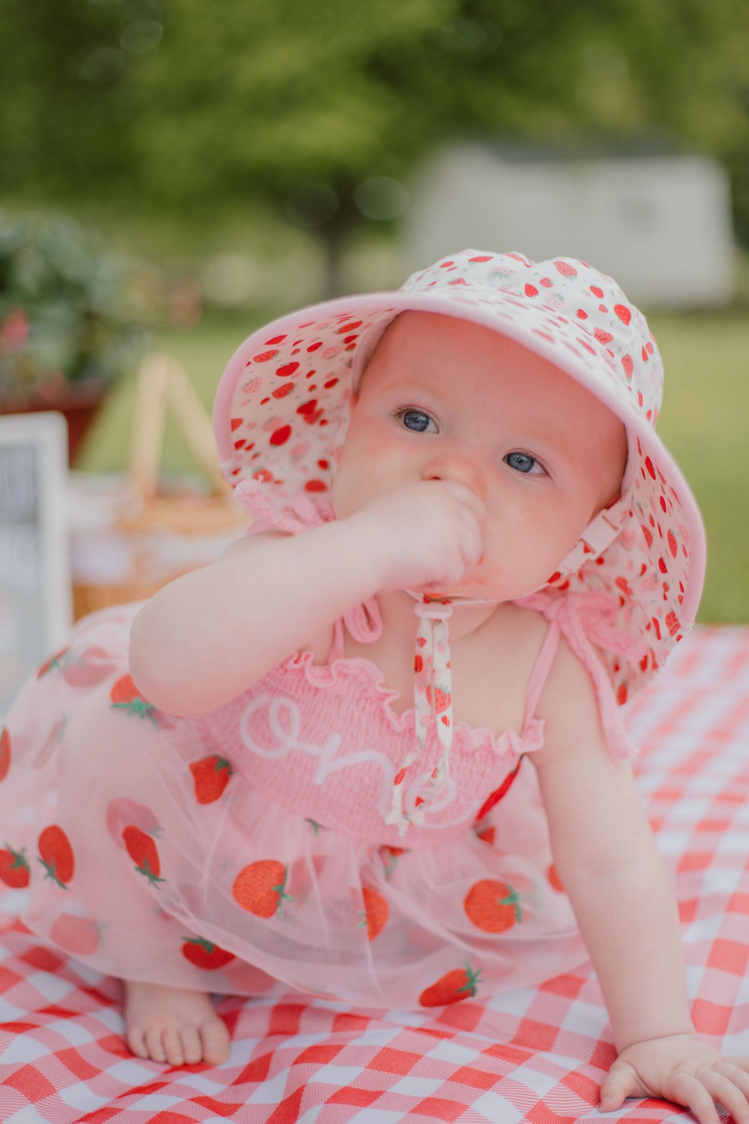 Baby girl in pink strawberry dress and sun hat sits on red gingham blanket outdoors, chewing her hand.