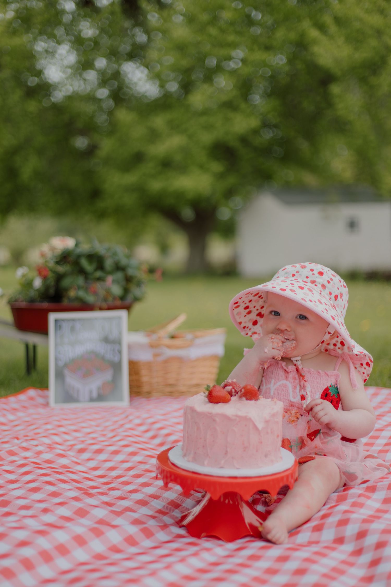 Baby girl in strawberry hat sits on picnic blanket with pink smash cake during outdoor first birthday celebration.