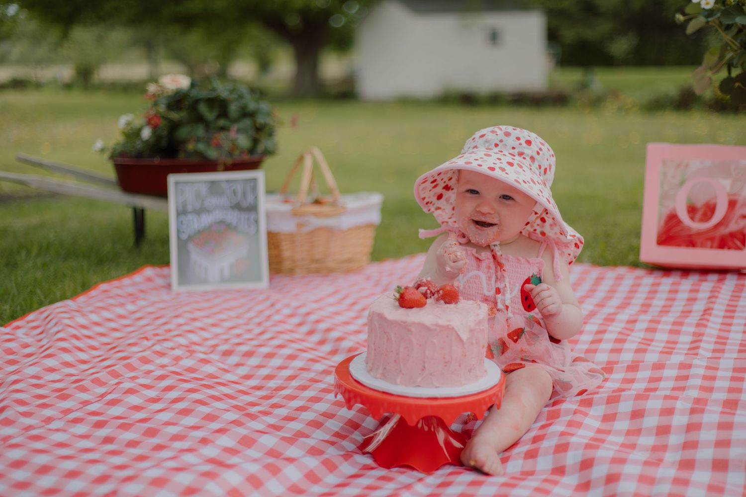 Baby girl in floral hat sits on red gingham blanket beside a strawberry smash cake at her first birthday.
