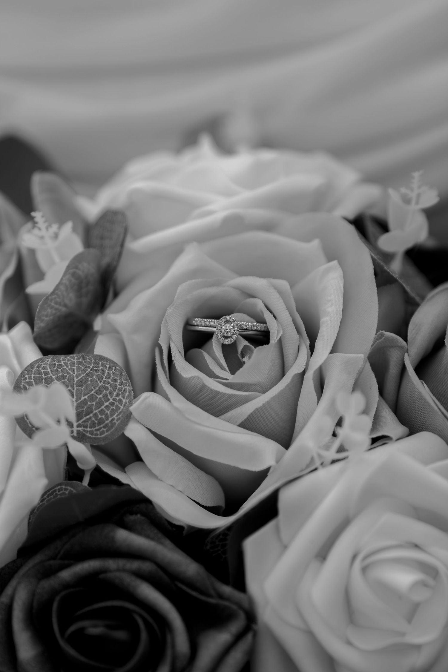 Black and white close-up of delicate white roses with soft focus petals.