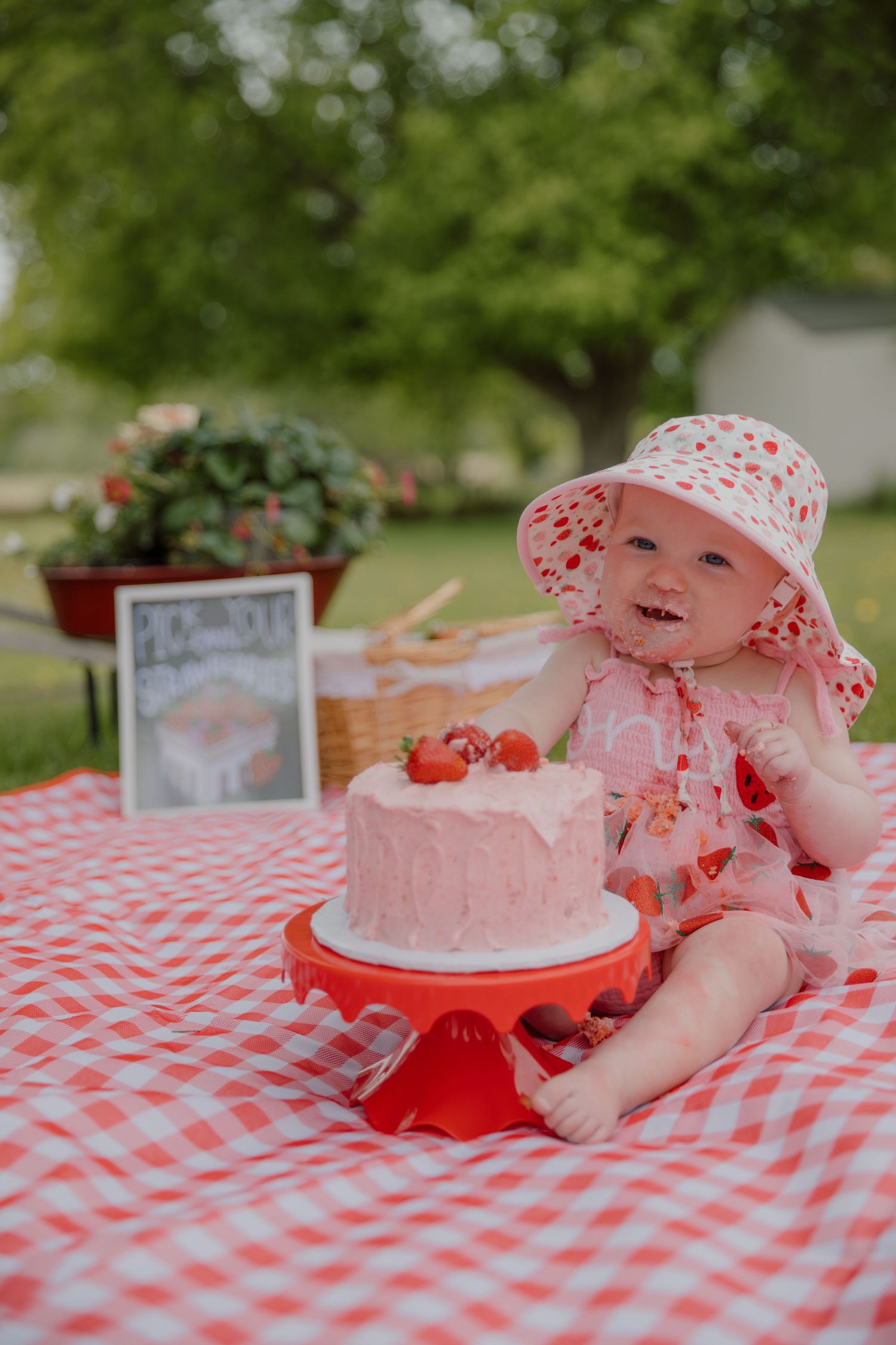 Baby girl in strawberry hat sits on red gingham blanket beside pink strawberry cake outdoors.