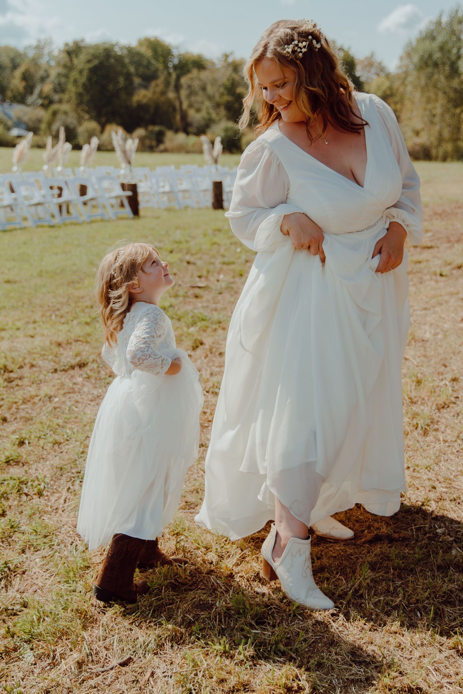 Warm-toned photos of children in white dresses embracing in a sunny outdoor setting.