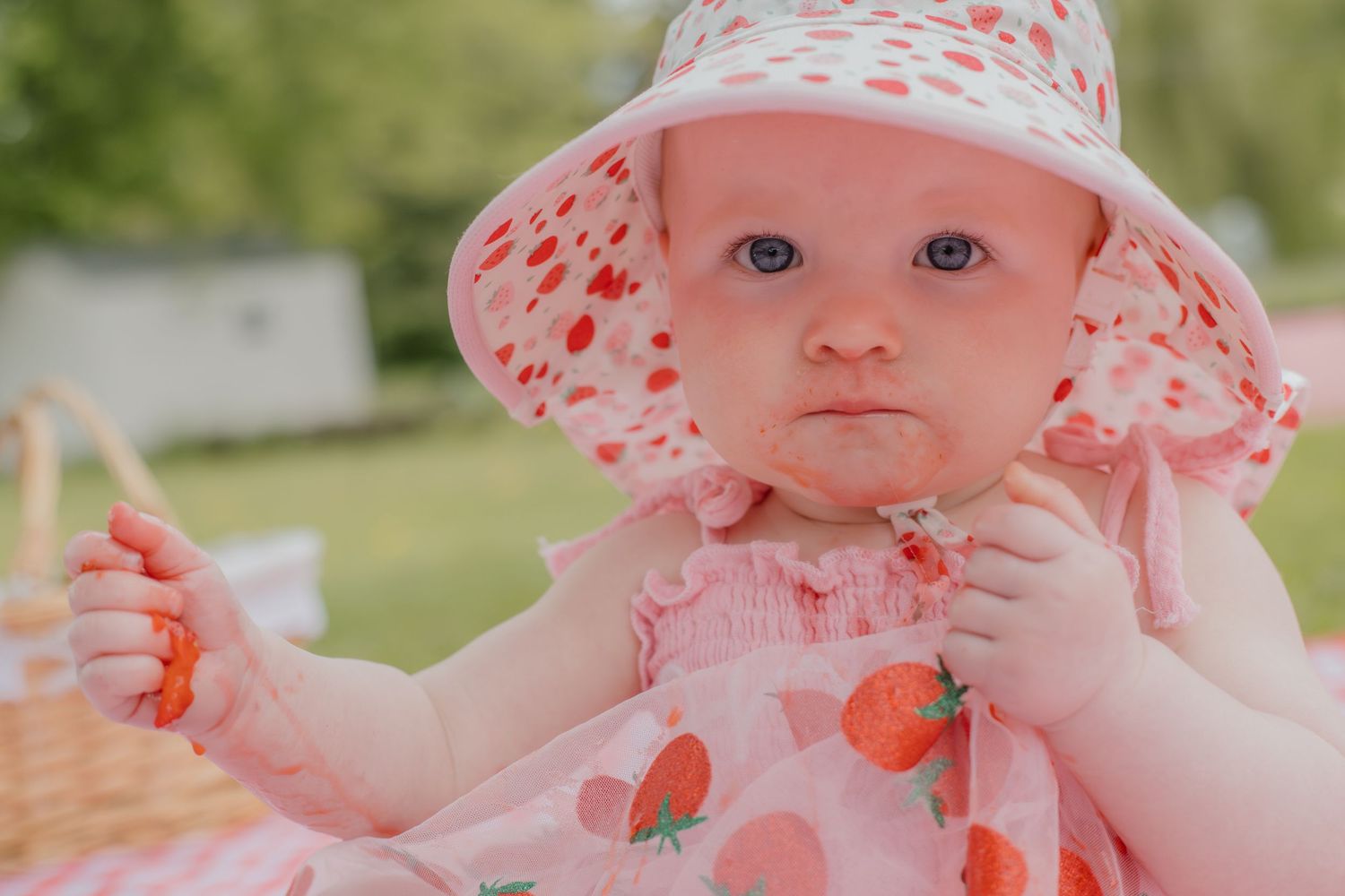 Adorable baby girl in pink strawberry dress and sun hat sitting outdoors at a picnic on a sunny day.