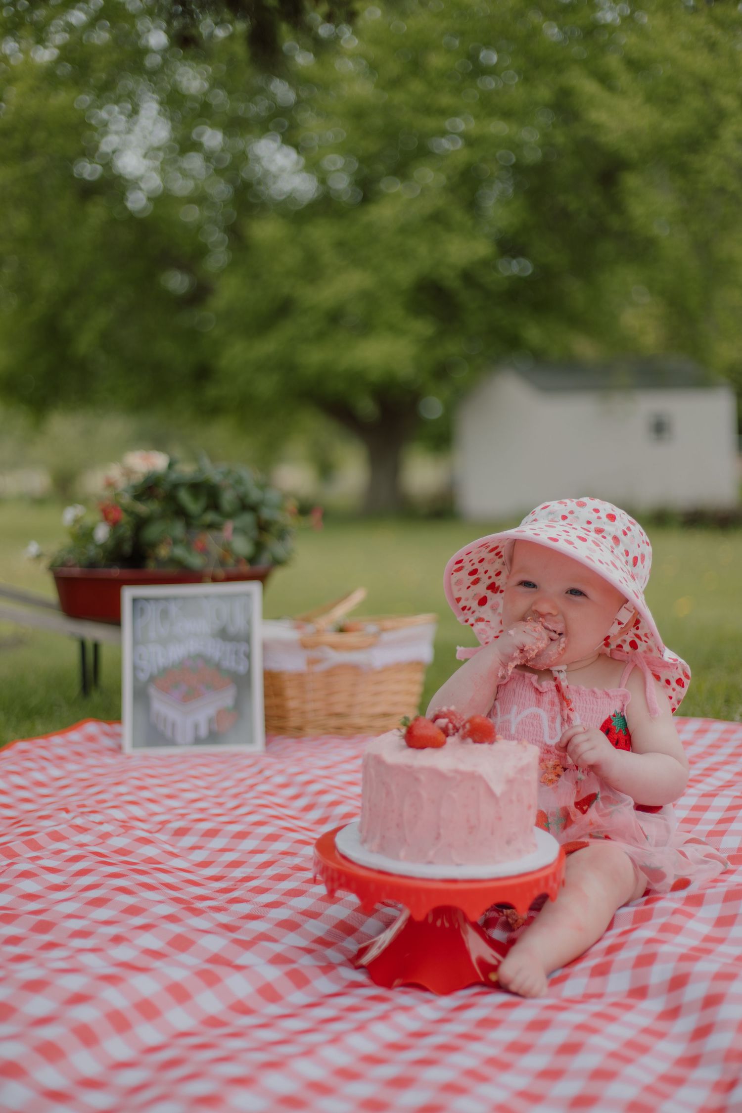 Baby girl in strawberry hat smiles at first birthday cake smash on red gingham blanket outdoors.