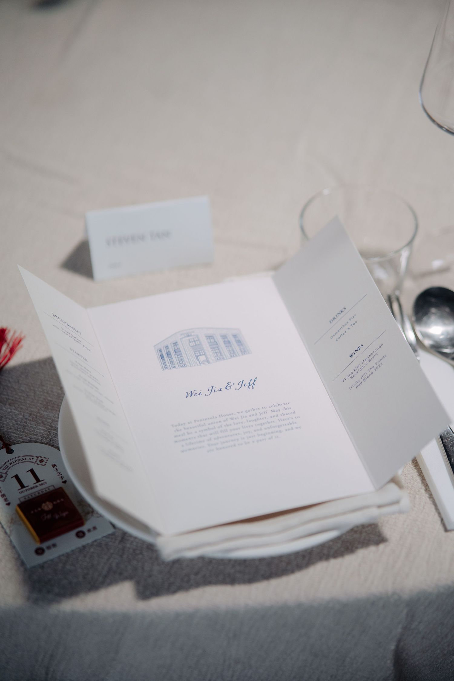 Wedding menu featuring Peninsula House building illustration for a Penang wedding dinner