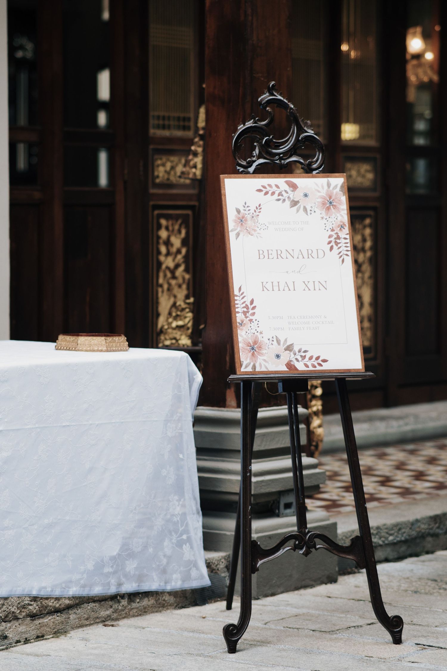 Bernard and Khai Xin’s wedding at Seven Terraces Penang, featuring a custom welcome sign and heritage architecture