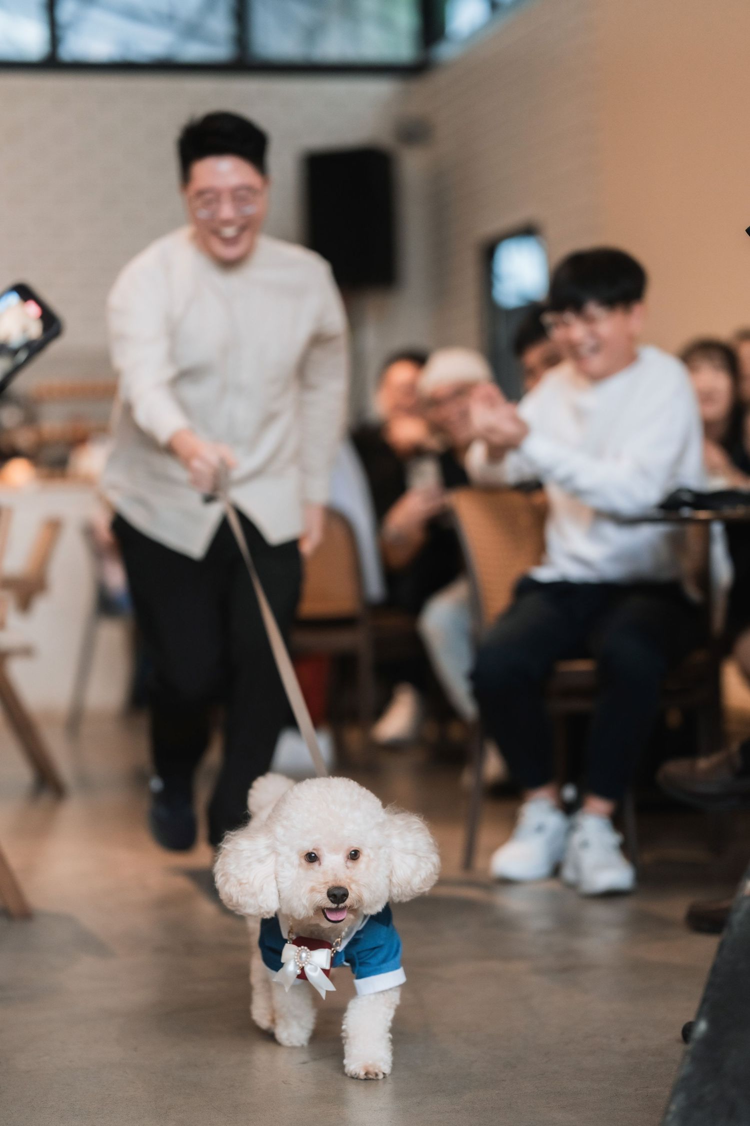 A small white dog runs across a dance floor during a wedding celebration.