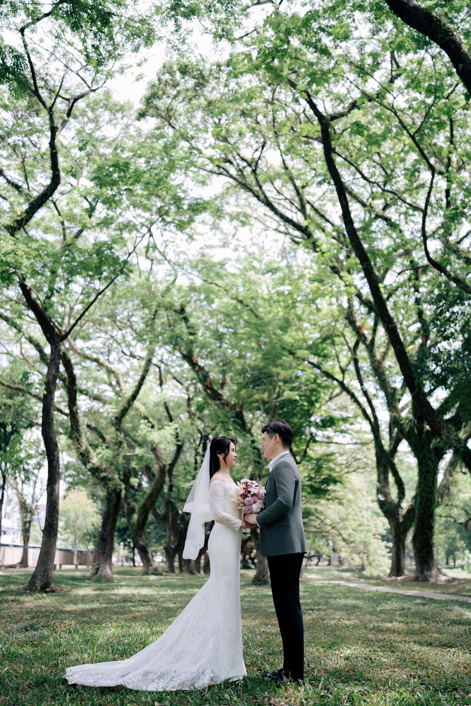 Wedding ceremony in a beautiful tree-lined park with soft natural lighting.