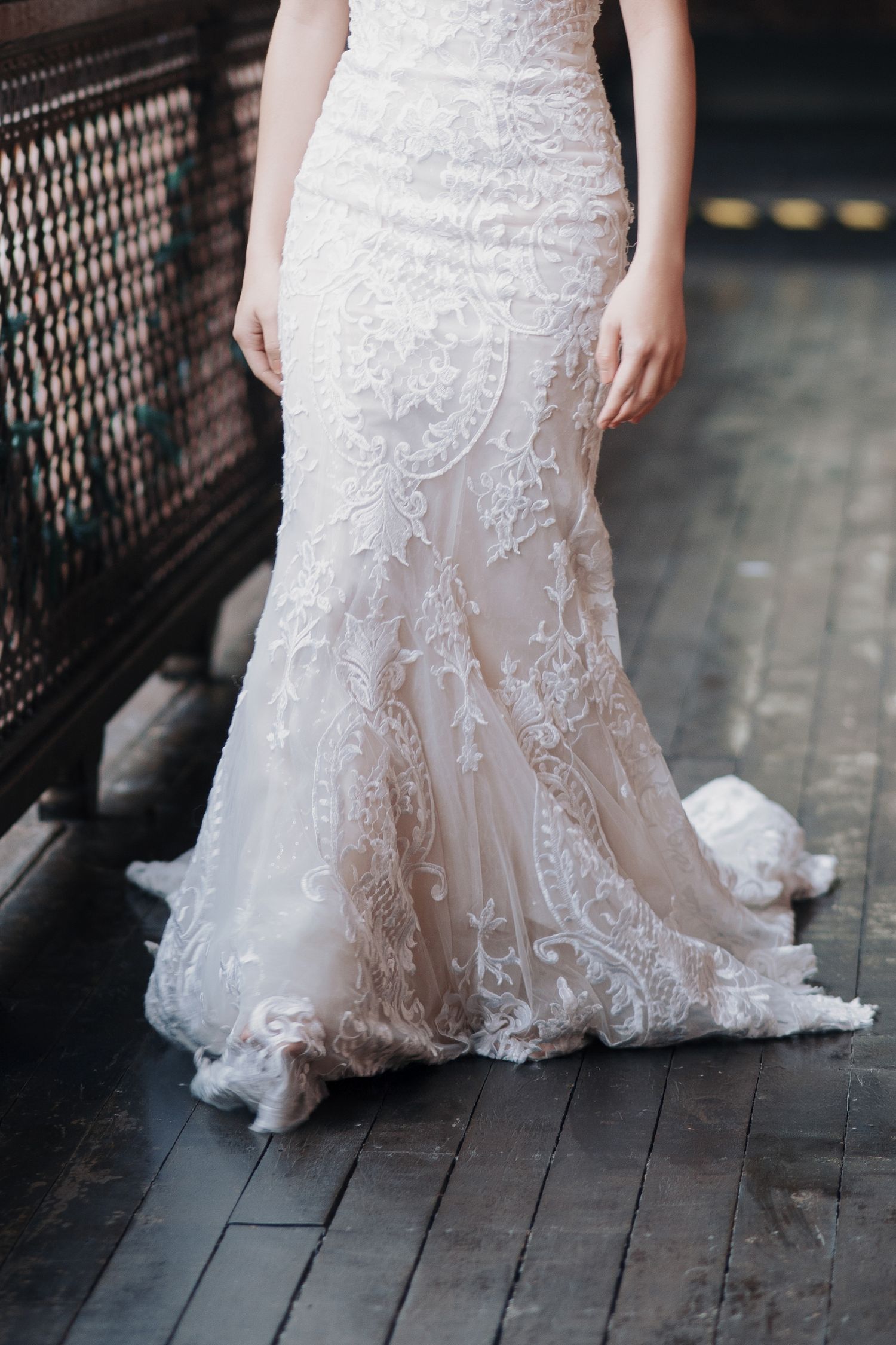 Detailed embroidery of a luxury lace wedding dress captured at a Seven Terraces Penang bridal shoot