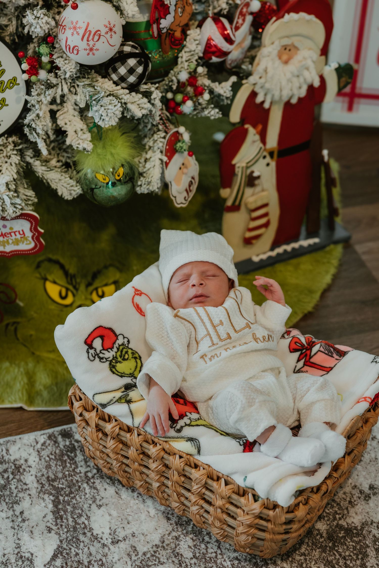 Newborn baby sleeping in a wicker basket with a Grinch blanket under a decorated Christmas tree.