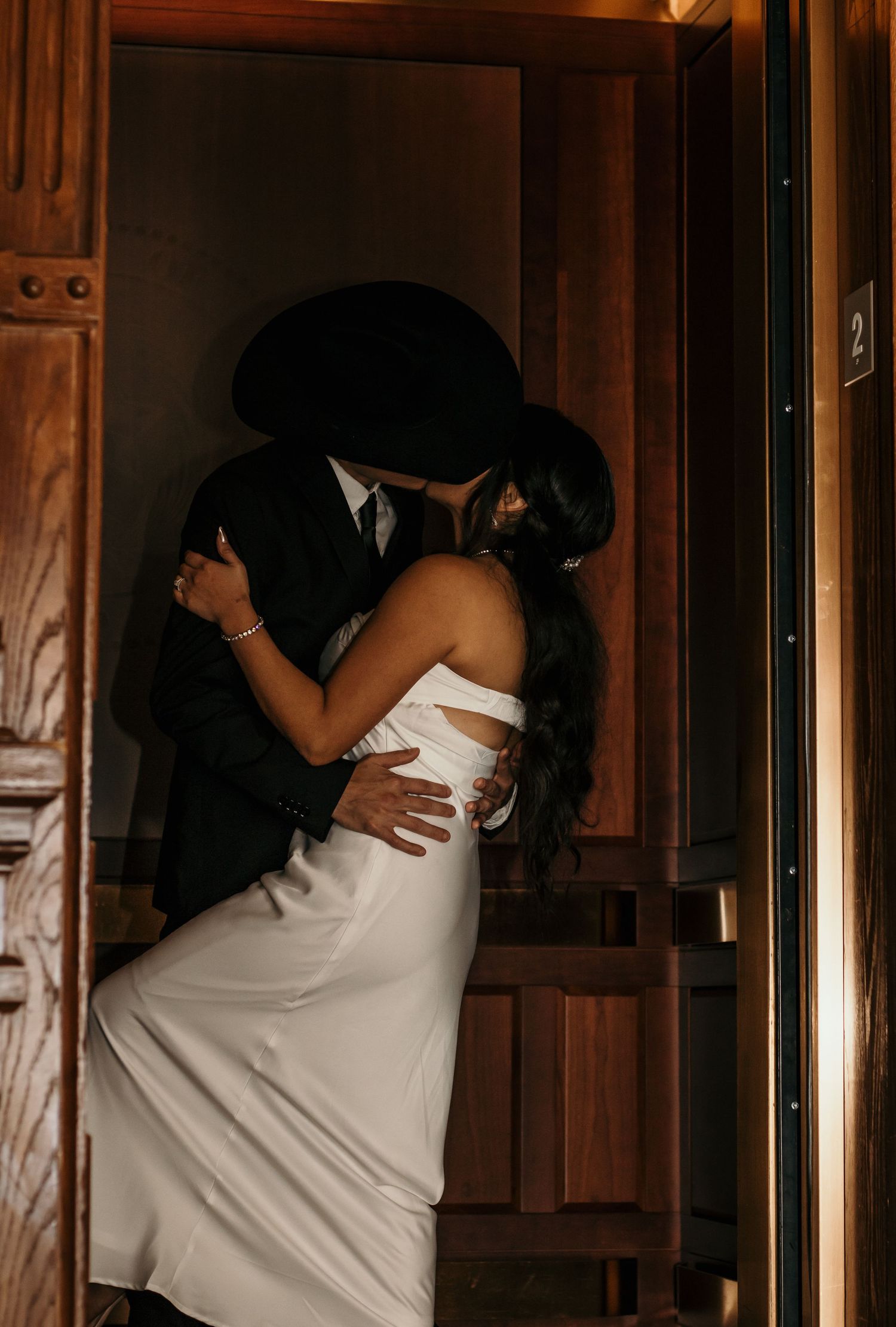 A series of romantic wedding photos showing a couple in an elegant wood-paneled setting.