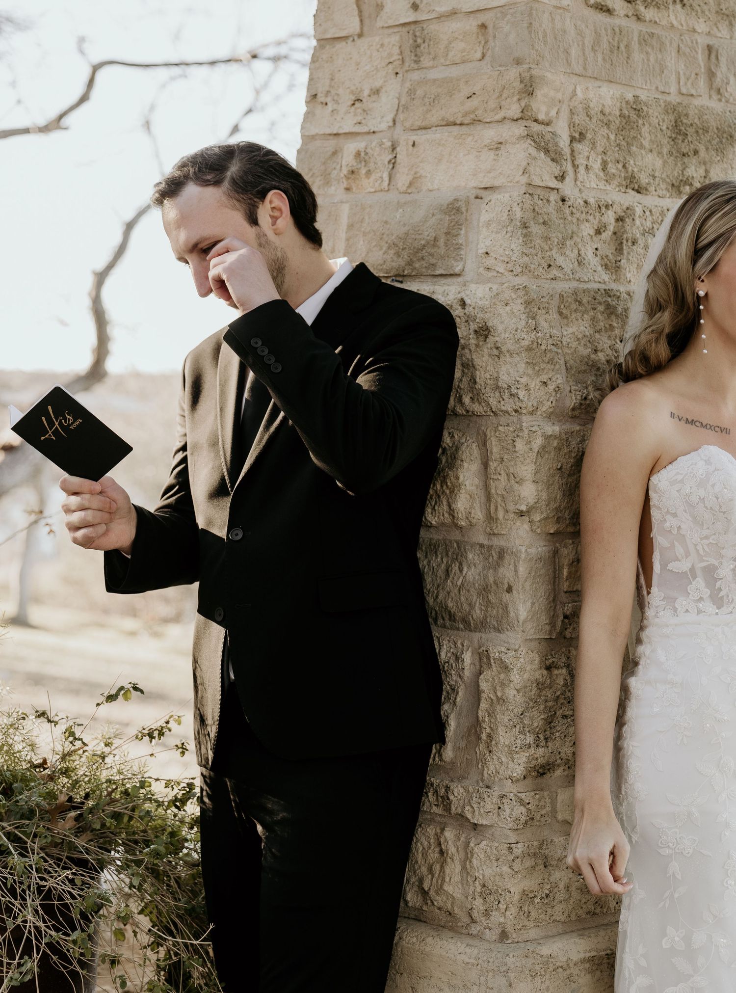 Emotional moment during bride and groom vow reading captured by Whispering Willow Collective LLC.