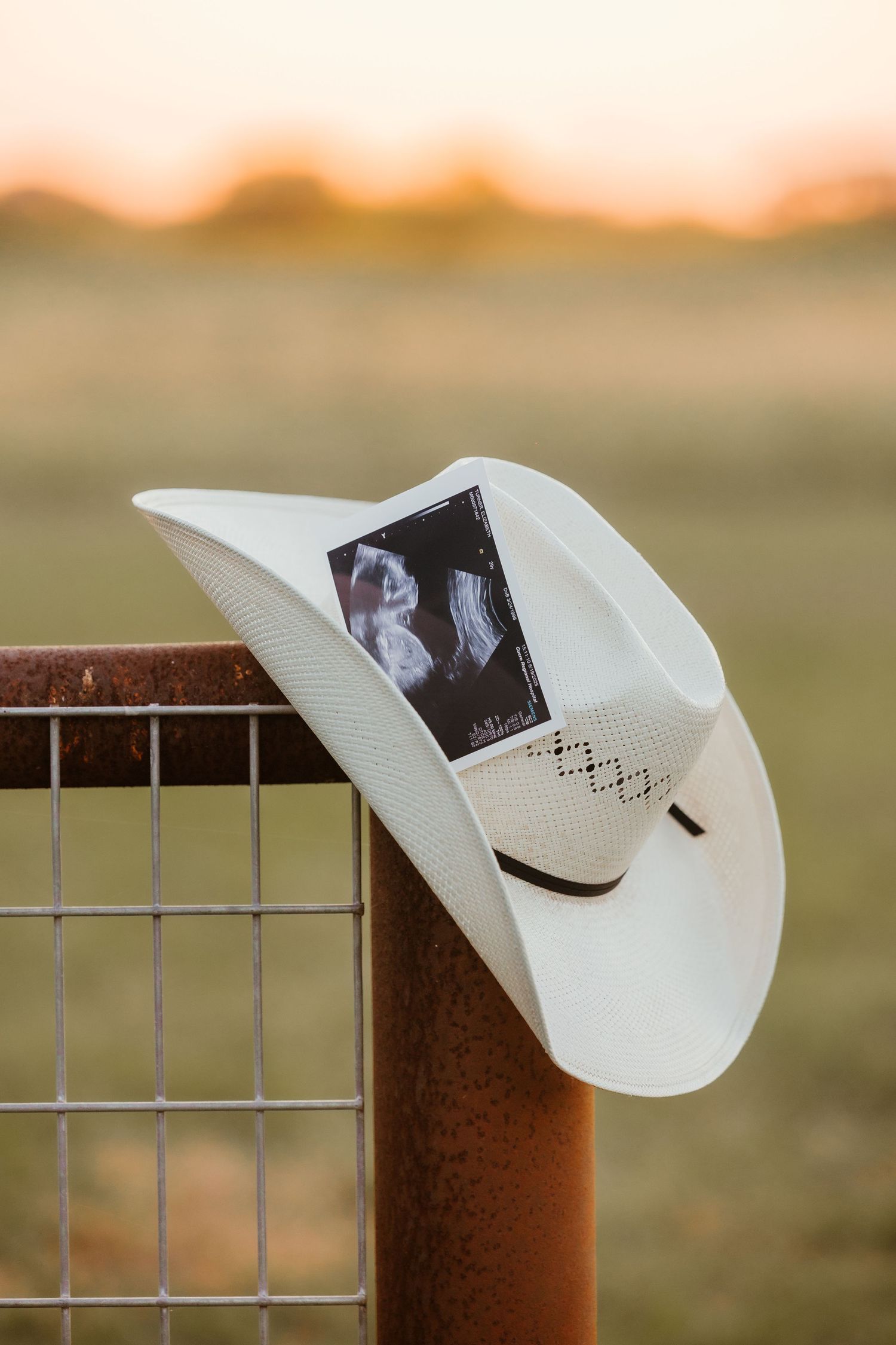 White cowboy hat with ultrasound photo resting on rustic fence post at sunset taken by Whispering Willow Collective.