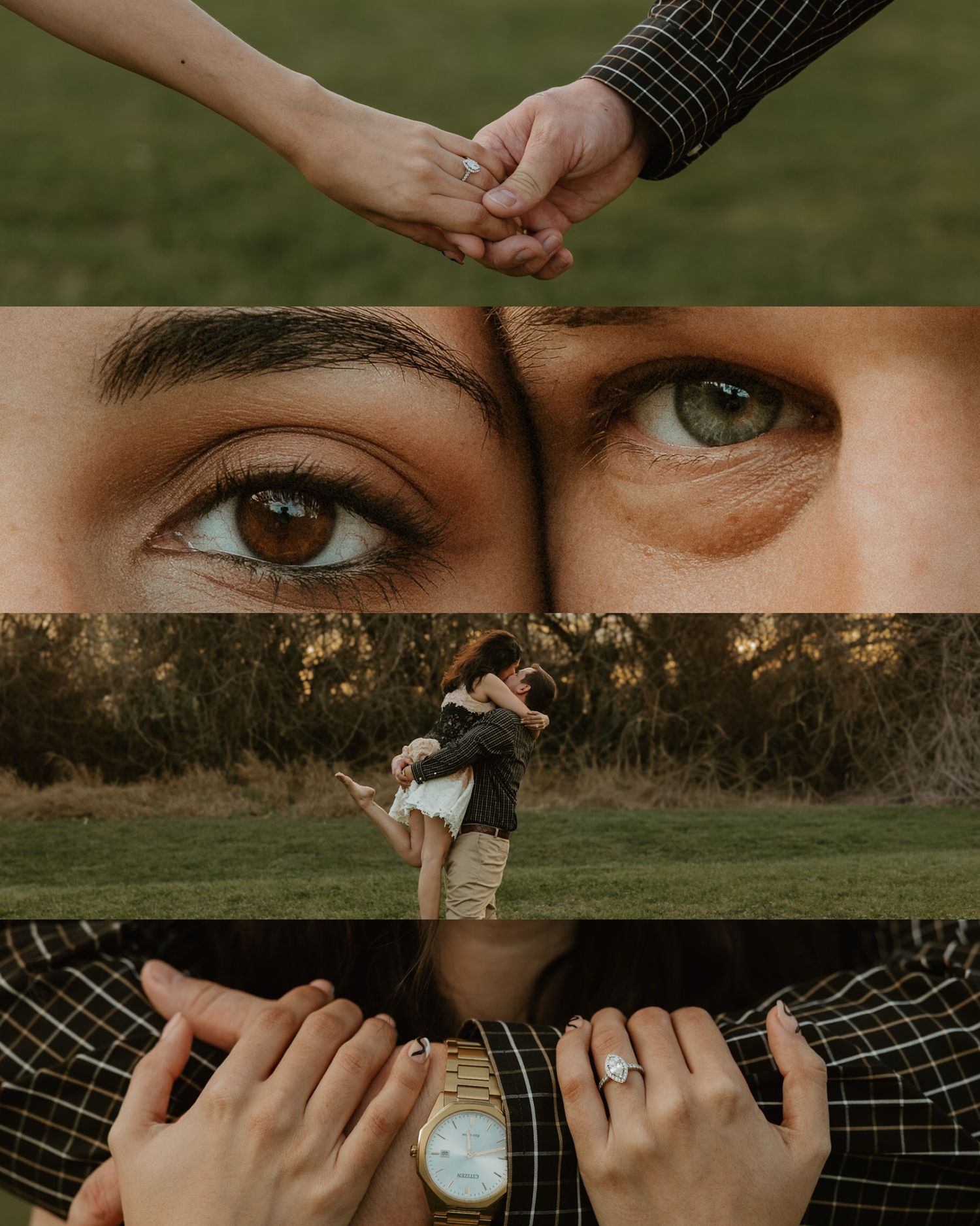 A romantic collage featuring holding hands, close-up eyes, a couple kissing in a field, and an engagement ring.