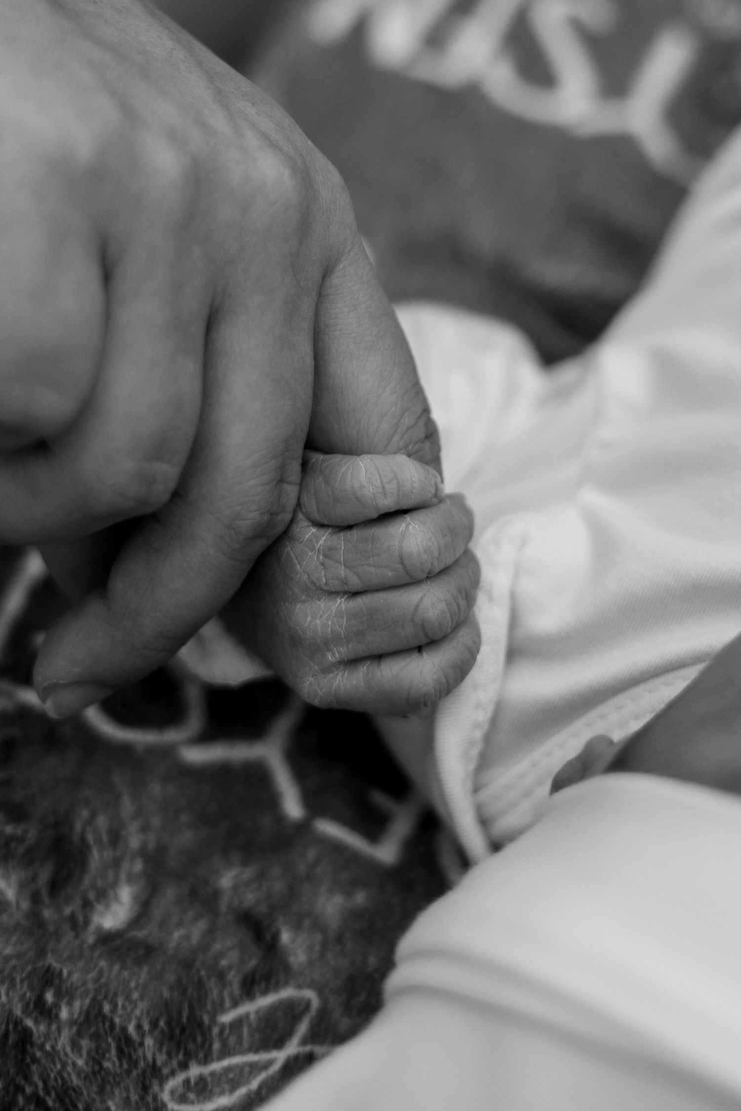 Black and white detail of hands gently holding a newborns hand.