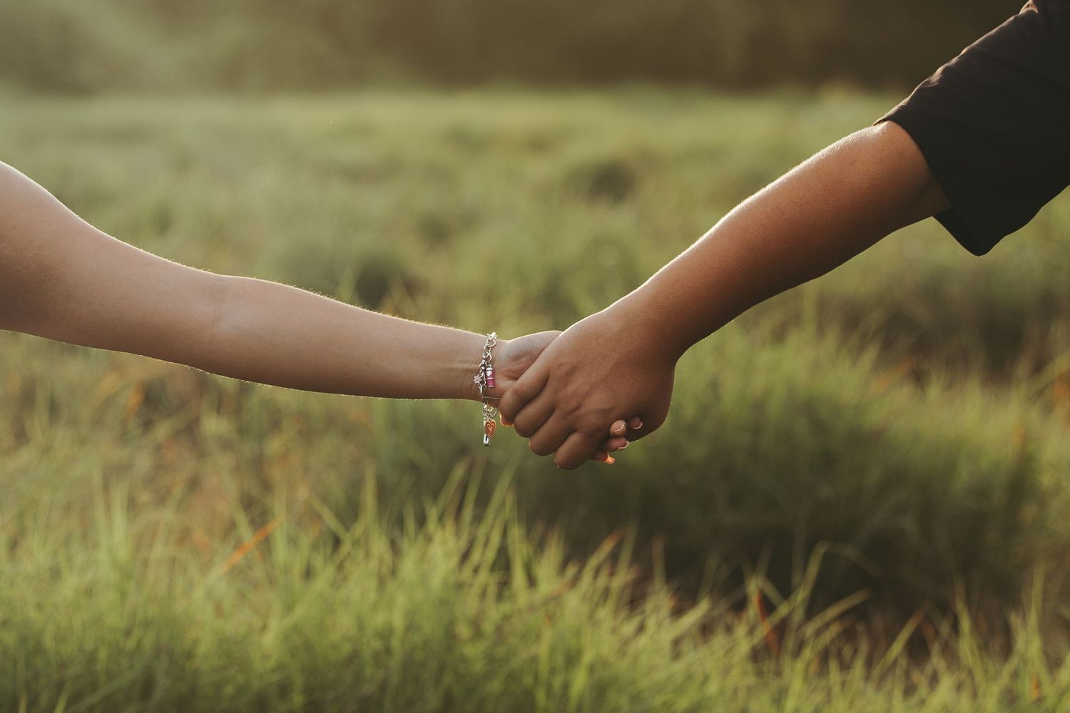Close-up of hands reaching toward each other in a grassy field.