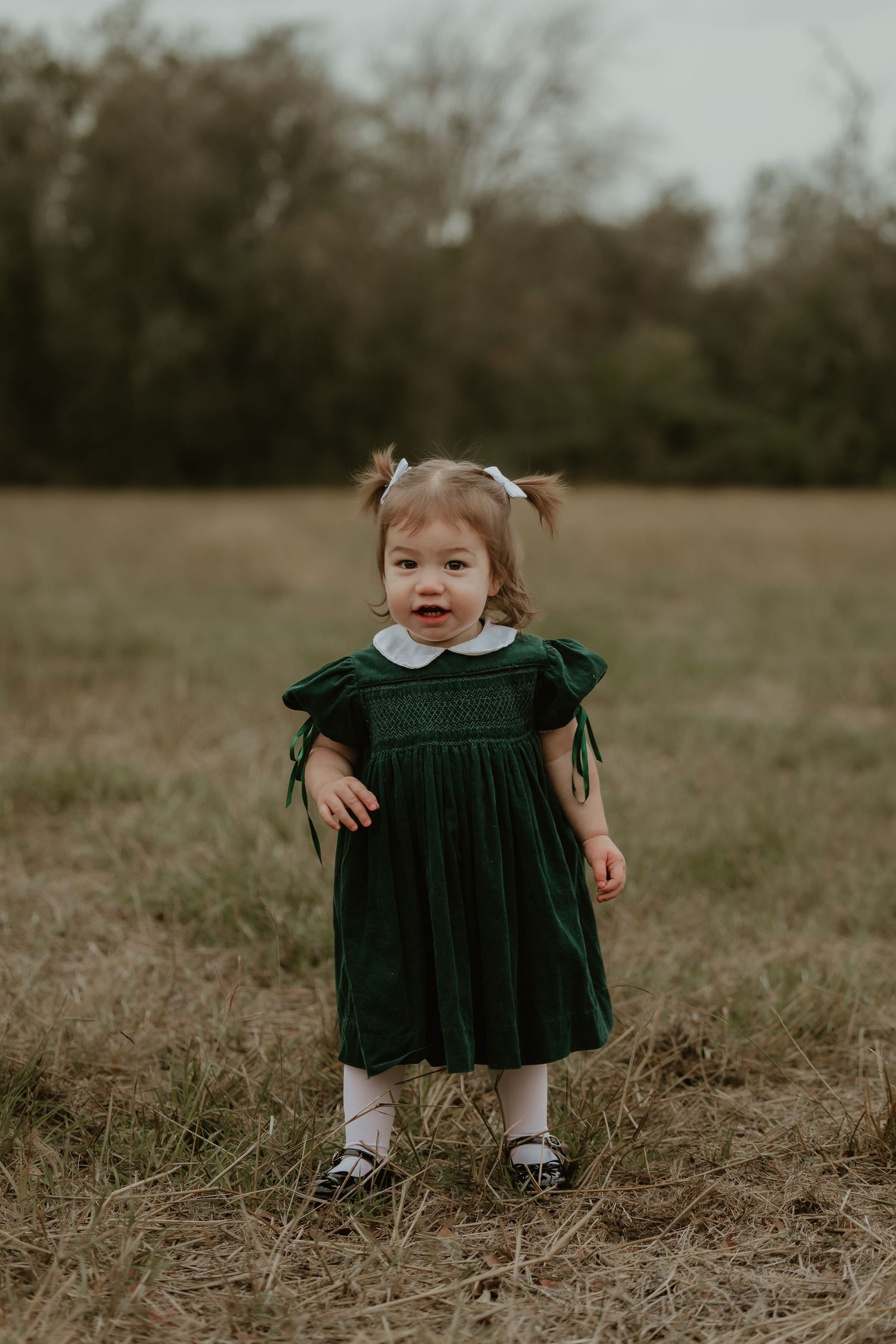 Toddler girl in green velvet dress with white collar stands in field, wearing hair bows and black shoes.